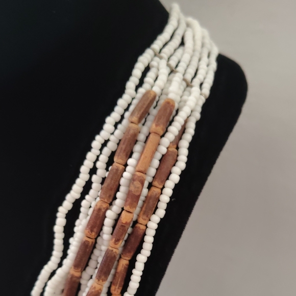 Multi-Strand White and Brown Beaded Statement Necklace - Picture 5 of 7